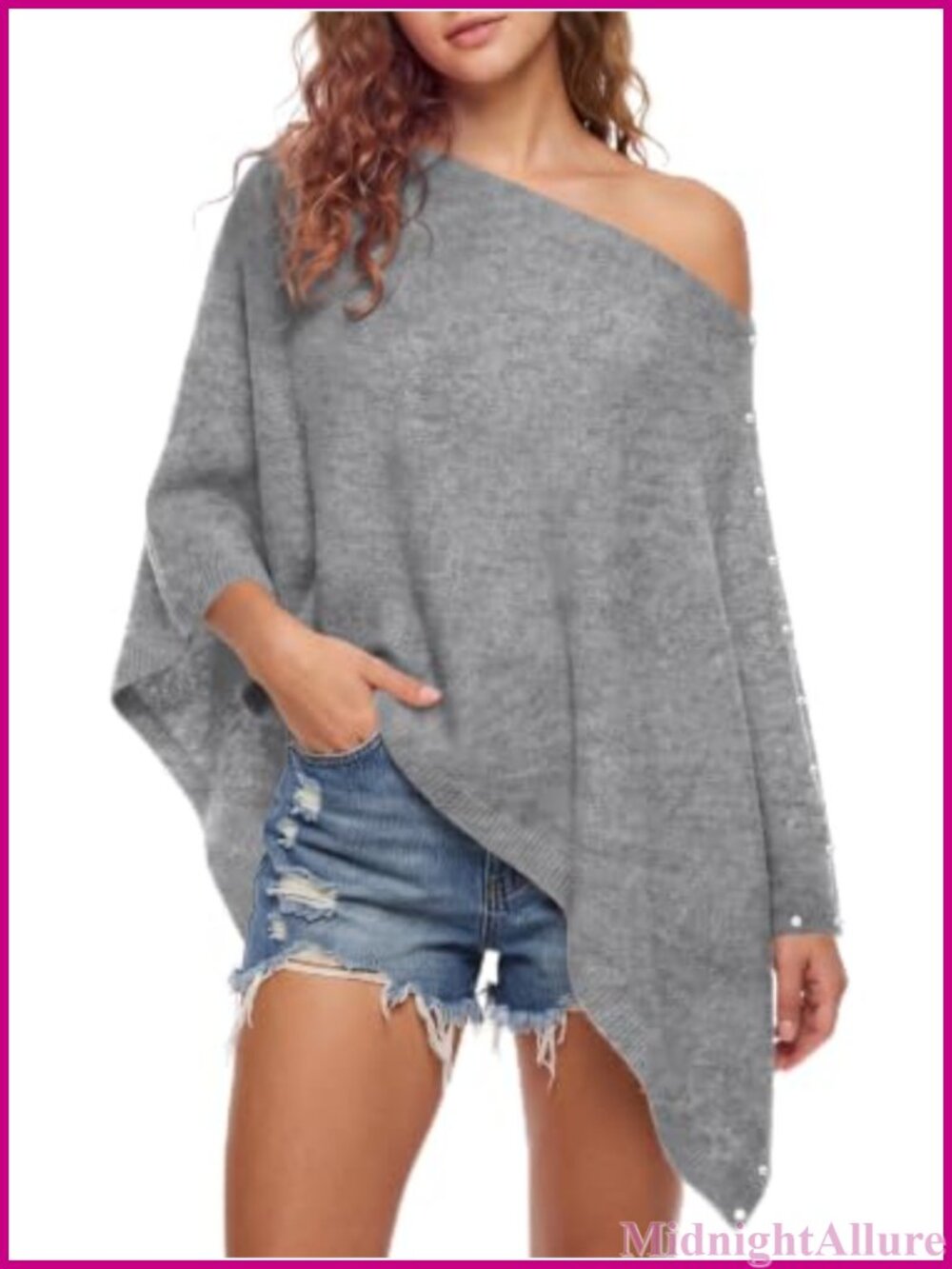 Knit Poncho Sweater Pearl Trim Lightweight Shawl Wrap